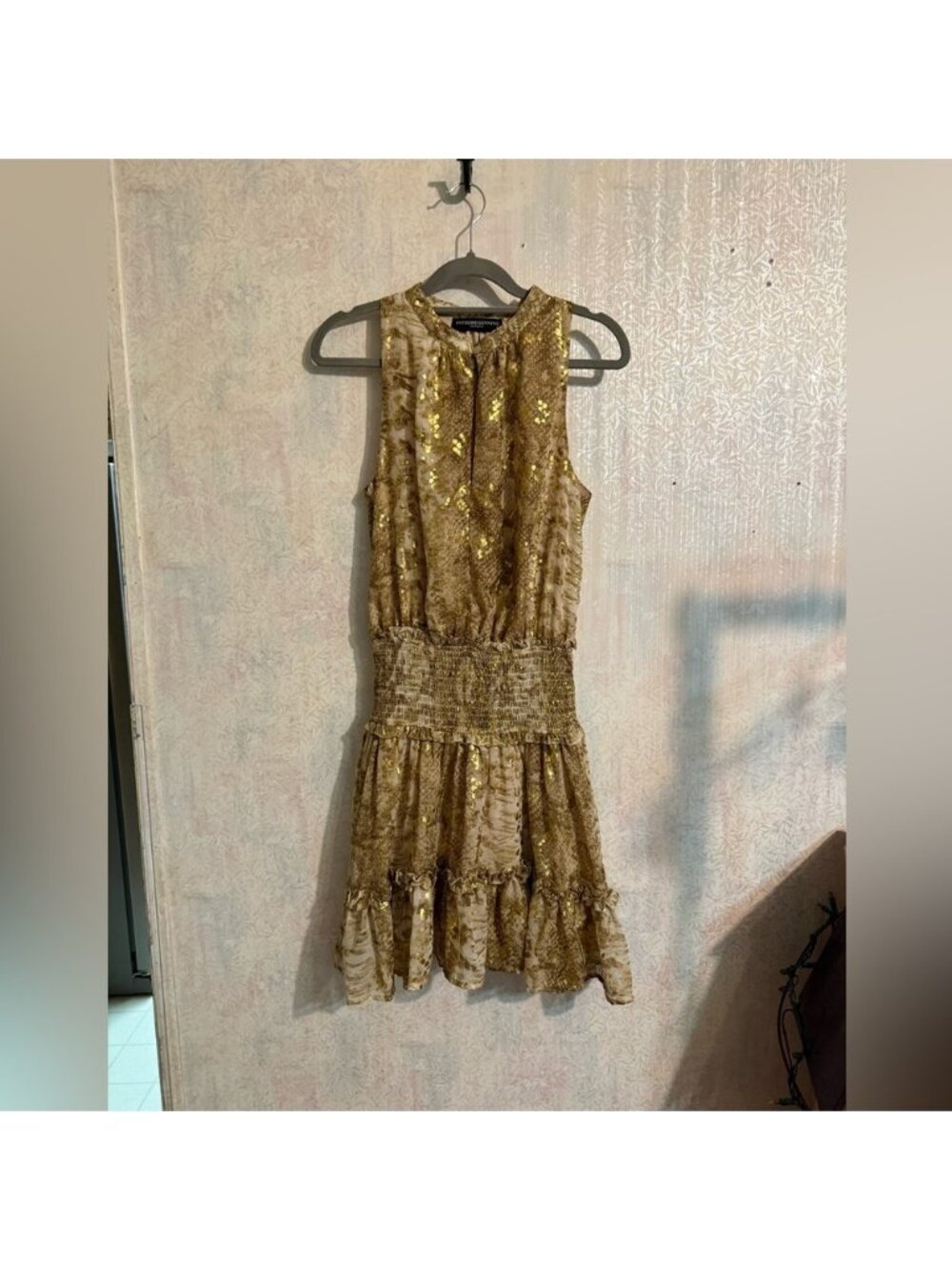 In The Beginning Glamorous Gold Sleeveless, Smocked, Ruffled Mini Dress, Sz Sm